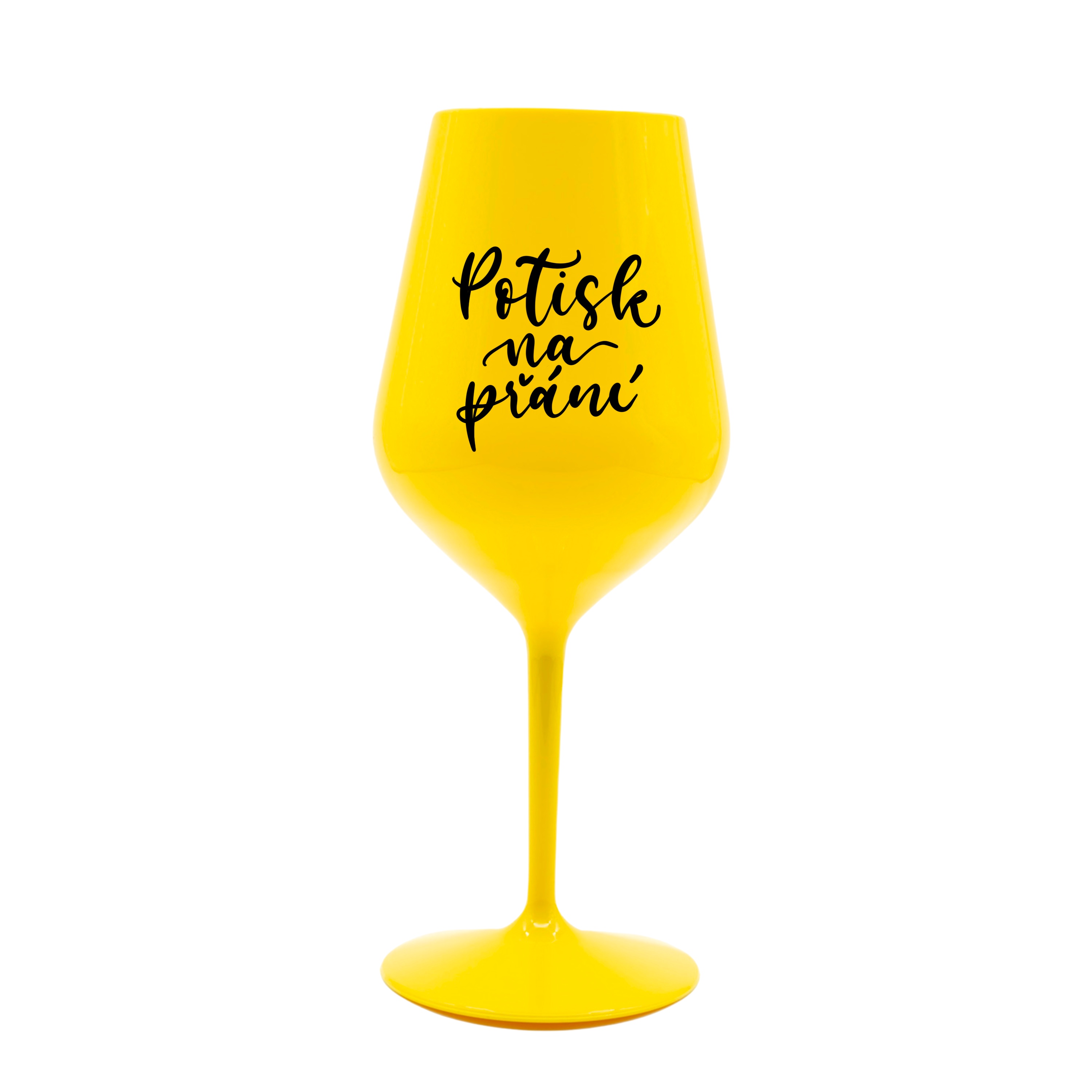 Žlutá plastová sklenka na víno - POTISK NA PŘÁNÍ