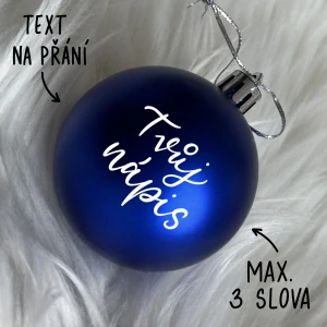 Vánoční baňka tmavě modrá plastová, TEXT NA PŘÁNÍ, průměr 10 cm